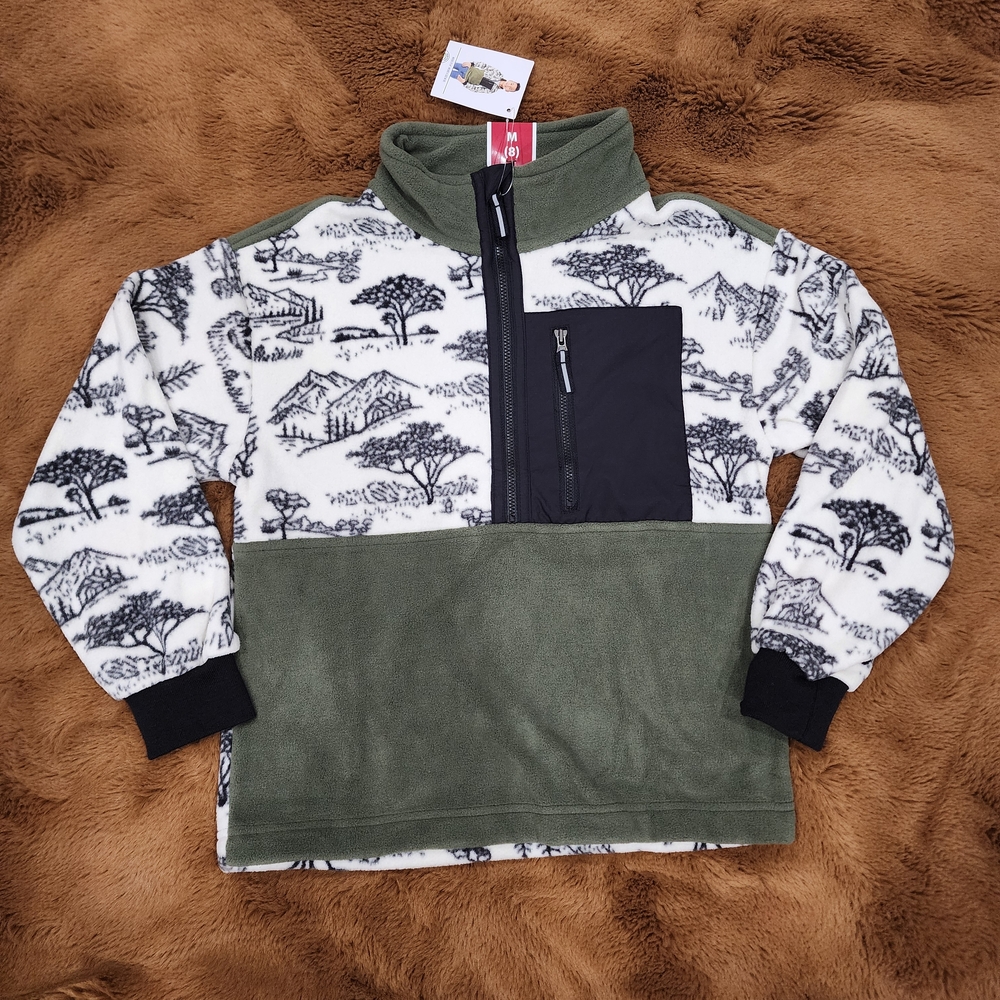 Kids Fleece Pullover with Forest Print - Green and Black